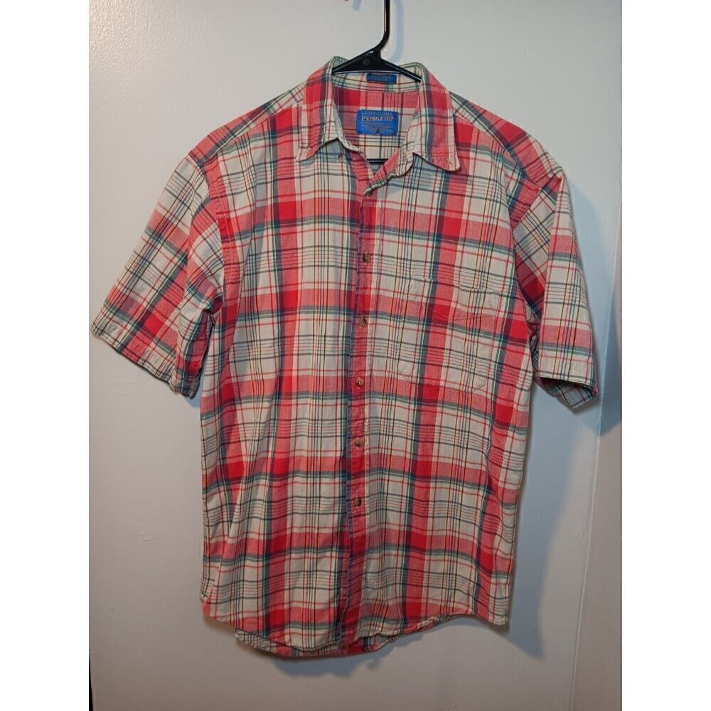 Pendleton Red And Tan Plaid Short Sleeve Button Down 100% Cotton Shirt Men's Sm